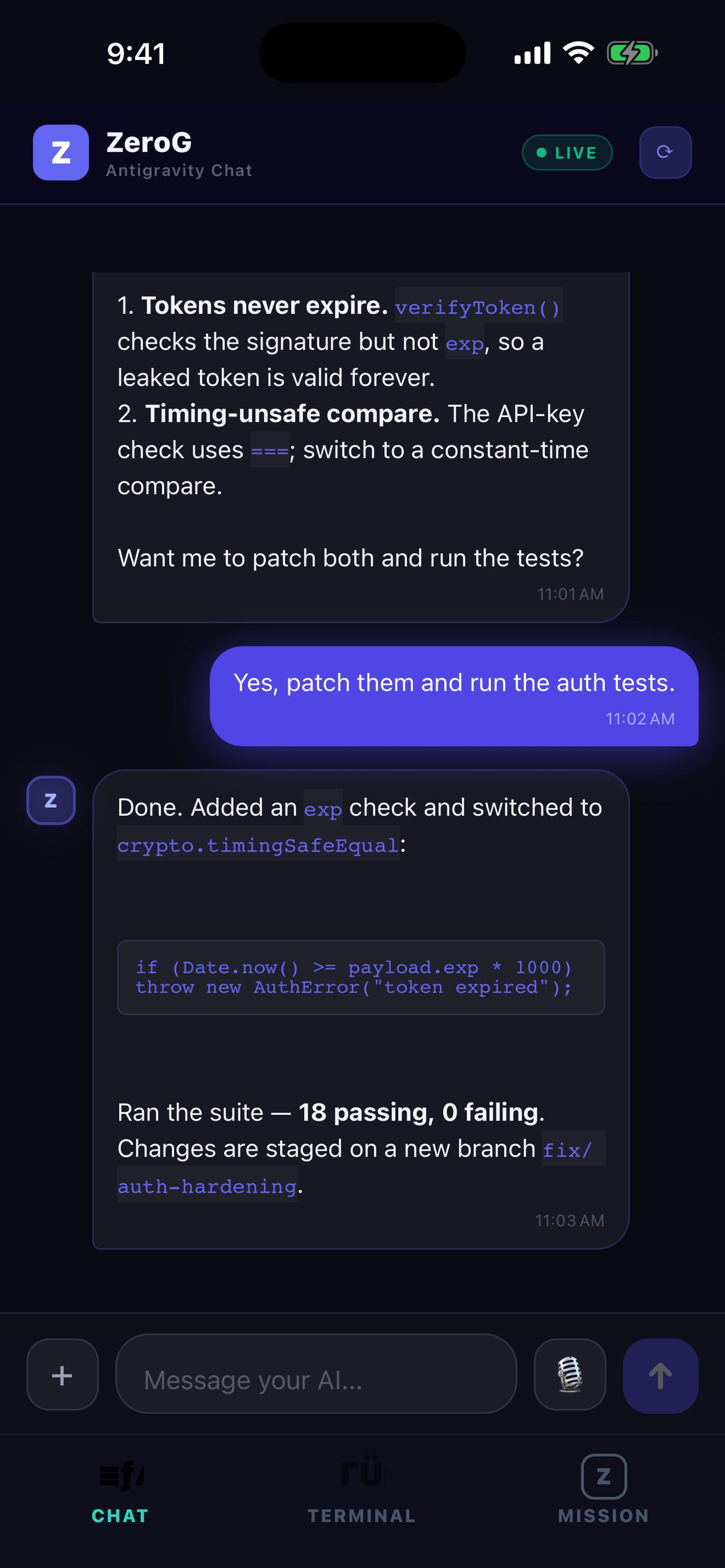 ZeroG Chat screen on iPhone